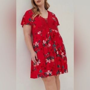 Torrid Skater Style Gauze Lace Trim Lined Floral Print Dress Flowy. Sz 1X.  EUC